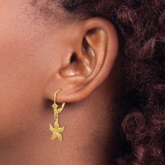 12mm Textured Starfish Lever Back Earrings in 14k Yellow Gold